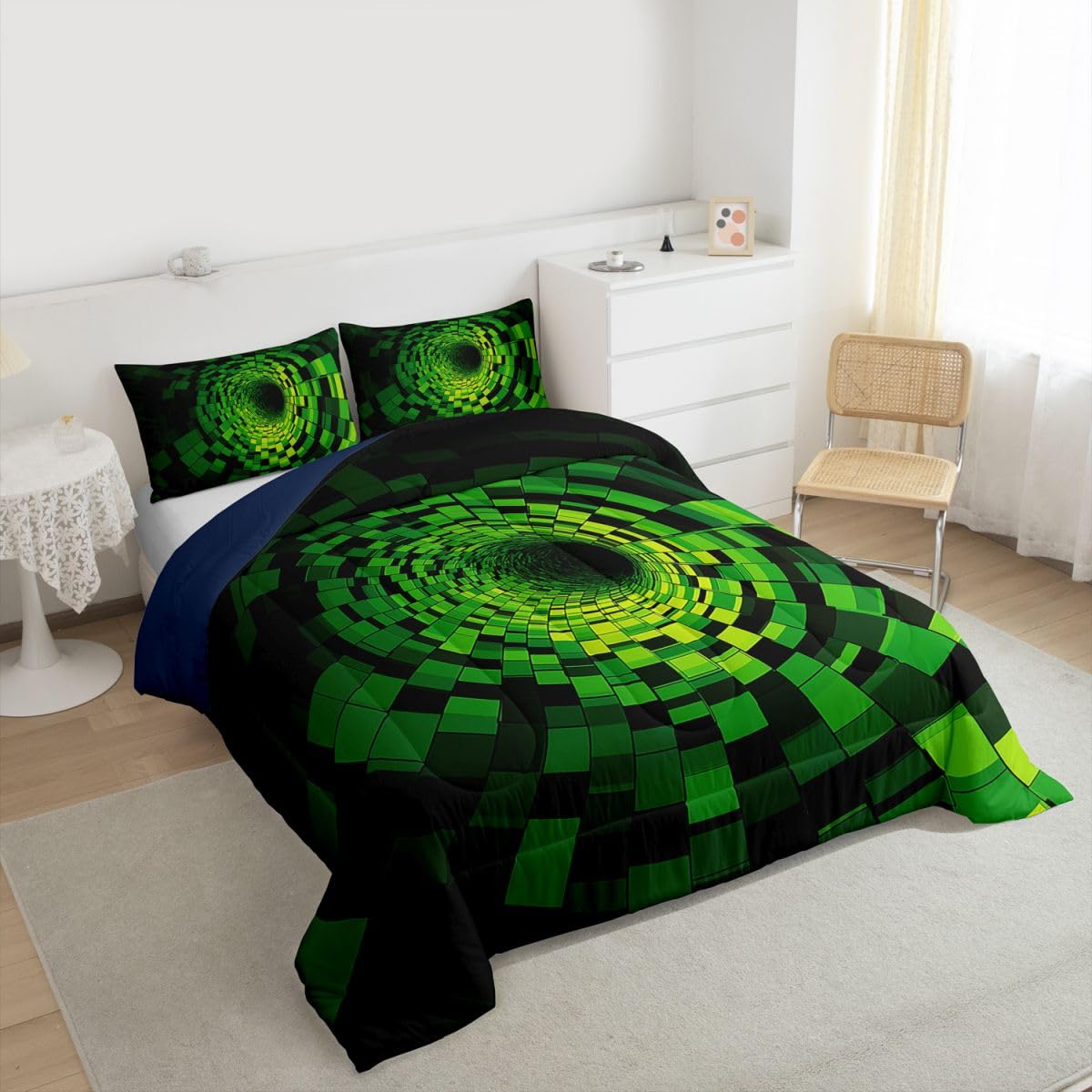 Erosebridal Geometric Bedding Set King Green Plaid Square Print Comforter Set for Kids Boys Girls Modern Grid Circle Swirl Down Comforter,Abstract Modern Quilt Duvet
