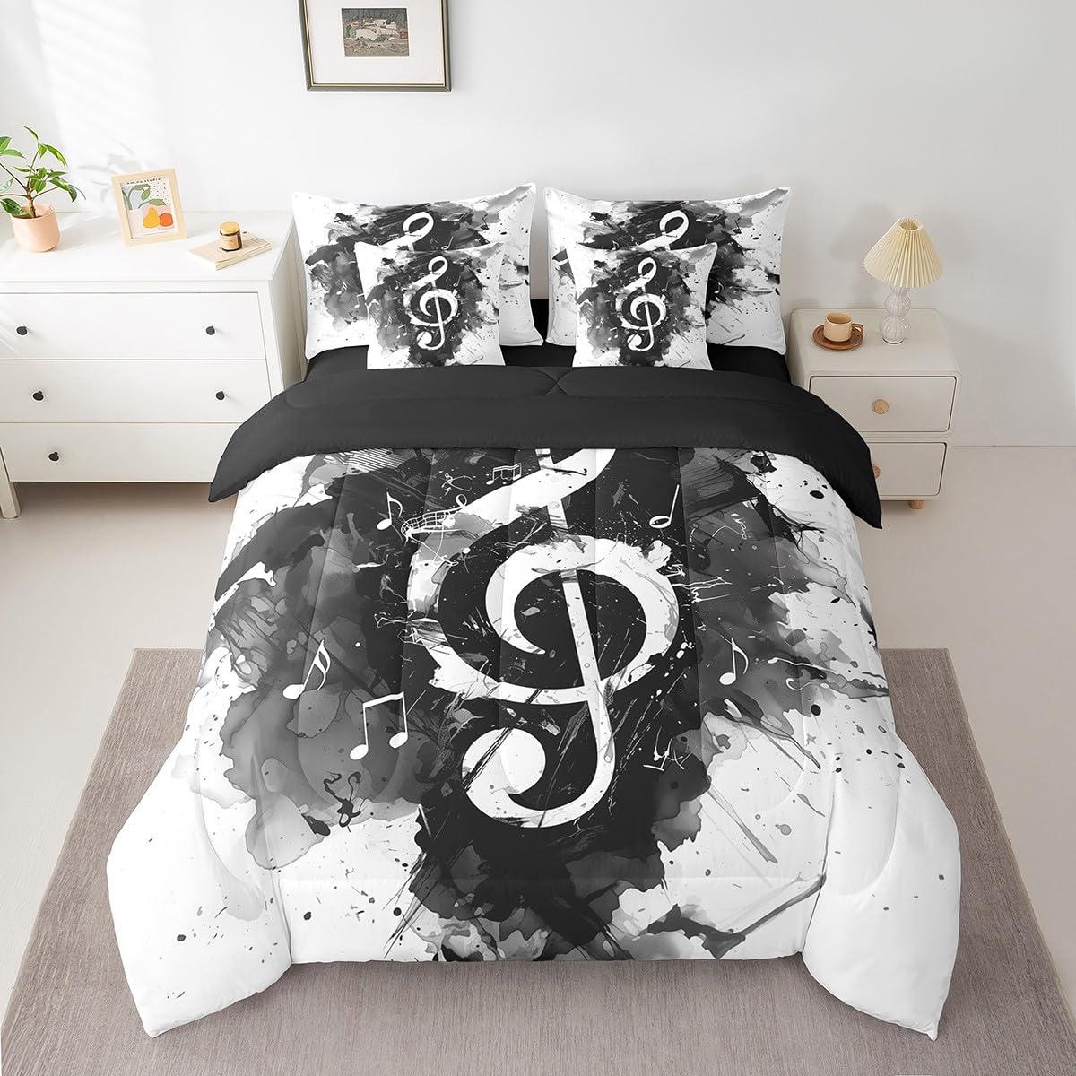 Feelyou Music Comforter Set with Sheets Queen Size Guitar Instruments Bed in a Bag for Boys Girls Teens Black White 7 Pieces Bedding Set Soft Lightweight Microfiber