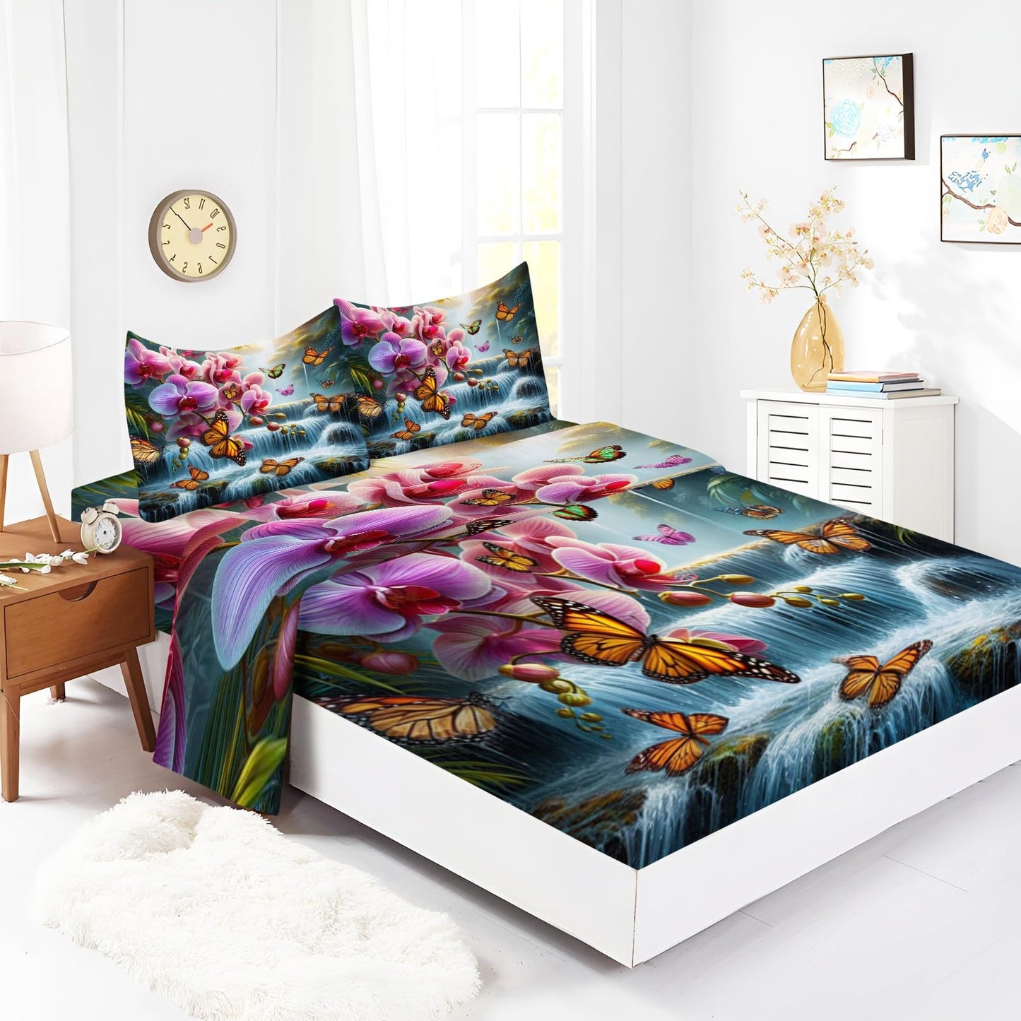 King Sheet Set, Waterfall Flower Butterfly Green 4 Pieces Cooling Bedding Sheets & Pillowcases, Breathable Brushed Microfiber, Extra Soft Bed Sheet Set with Deep Pocket