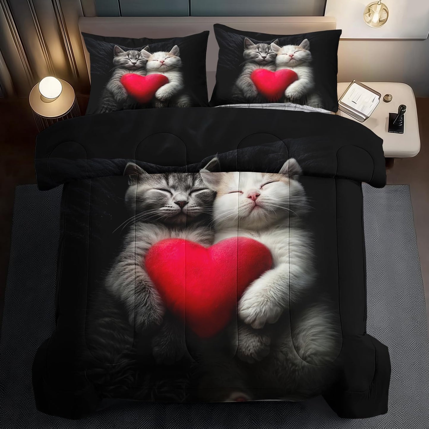 llyxsesty Cute Cat Comforter Set King,Kawaii Cat Bedding Set for Girls,Cute Animal Comforter Red Love Heart Bedding Decor,Kawaii Farm Animal Quilt Patterns Kids and Adults