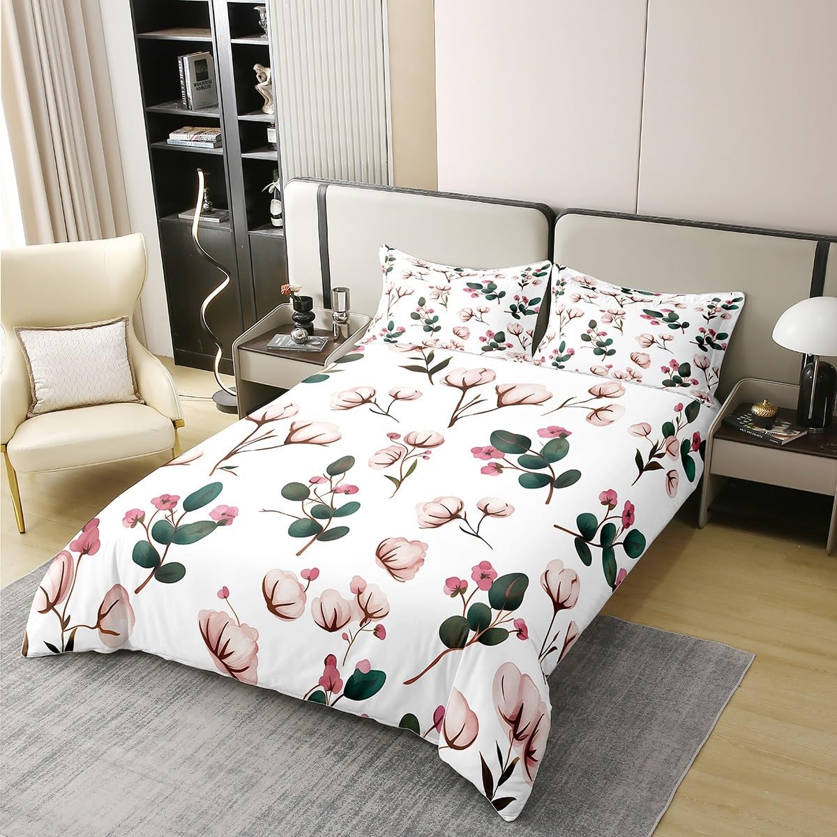 Erosebridal White Pink Cotton Bed Set,Cute Wool Print Bedspread Cover,Farmhouse Botanical Floral Duvet Cover,Branche Flowers Comforter Cover with 1 Pillowcase Twin Size