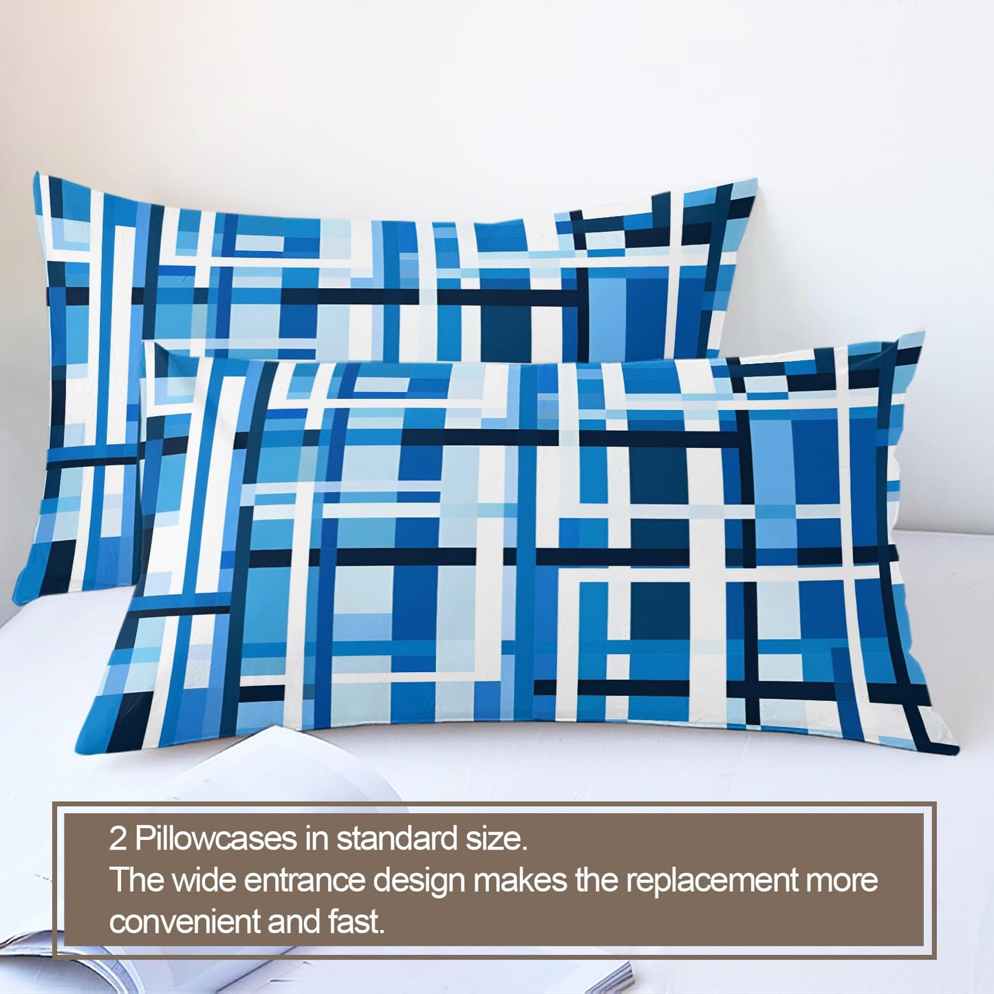 GKPLY Blue Grid Abstract Bedding California King, Modern Geometric Duvet Cover Set, Minimalist Block Comforter Cover with Zipper, 3 Pieces with 2 Pillowcases, Cool Tone Bedding