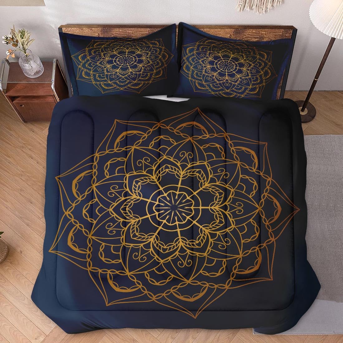 WeCozy Queen Size Comforter Set with 2 Pillowcases, Navy Blue Boho Gold Mandala Soft 3 Pcs Bedding for Kids and Adults Bedroom Bed Decor