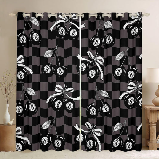 Erosebridal Y2K Lucky 8 Ball Window Drapes Coquette Cherry Bow Blackout Curtains 42" Wx63 L Black Brown Checkered Plaid Curtains for Bedroom,Fashion Aesthetic Preppy Window Treatments 2 Panels