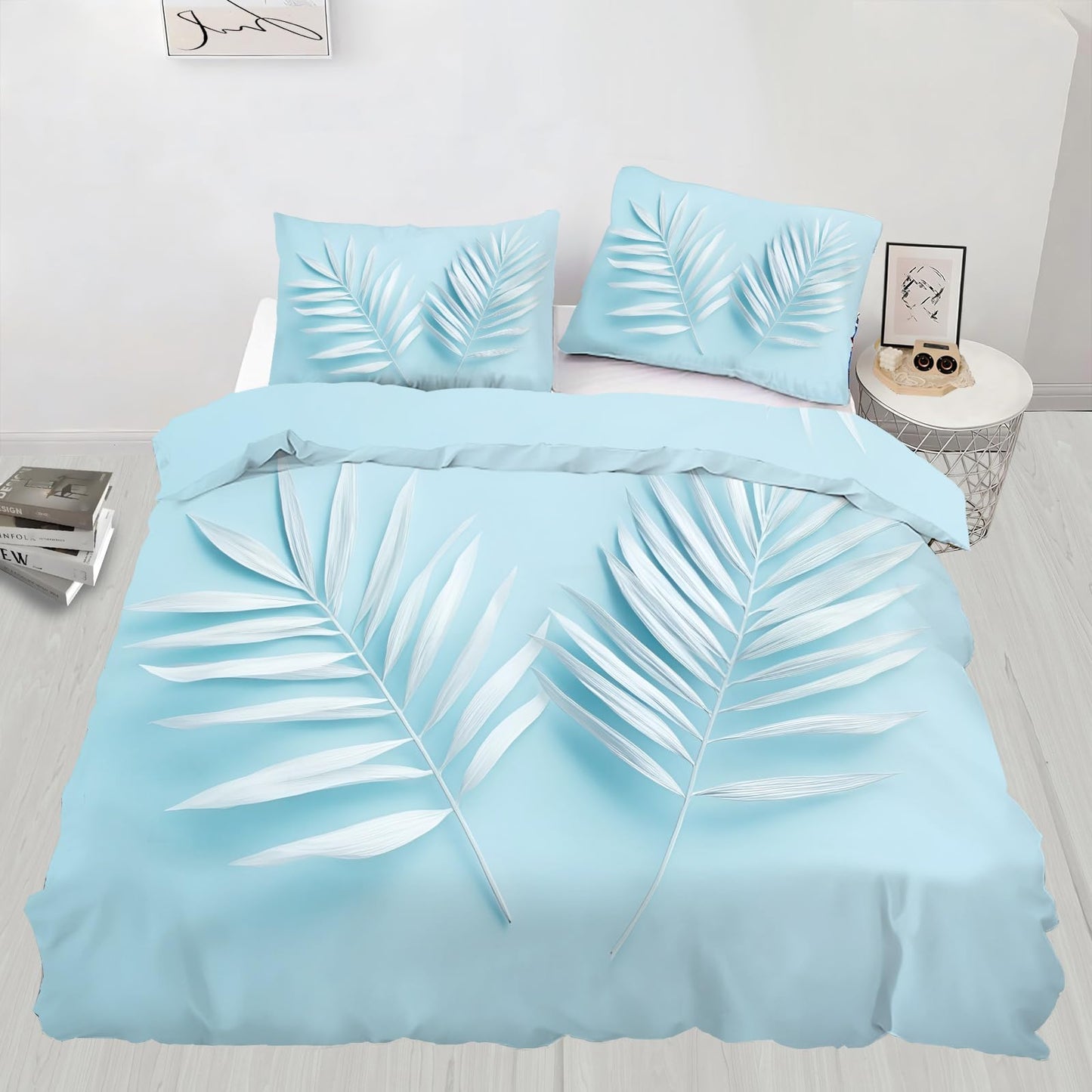 PAISUOQ Tropical Bedding Sets Full Brown Leaves Comforter Cover with Zipper Ties, Simple Blue Duvet Cover with 2 Pillowcases, 3 Pieces，Bedroom Decor & Gifts
