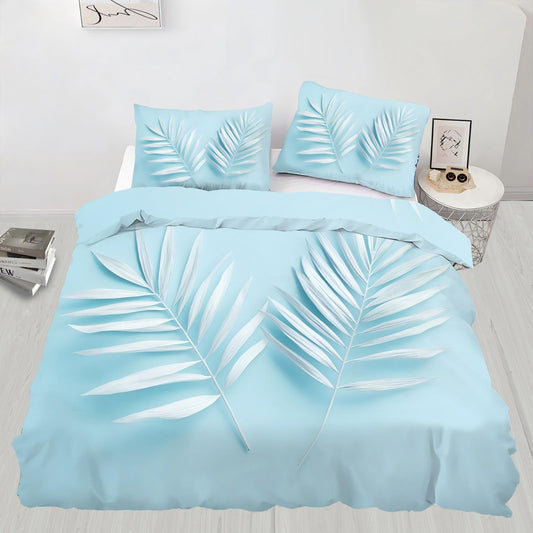 PAISUOQ Tropical Bedding Sets Full Brown Leaves Comforter Cover with Zipper Ties, Simple Blue Duvet Cover with 2 Pillowcases, 3 Pieces，Bedroom Decor & Gifts