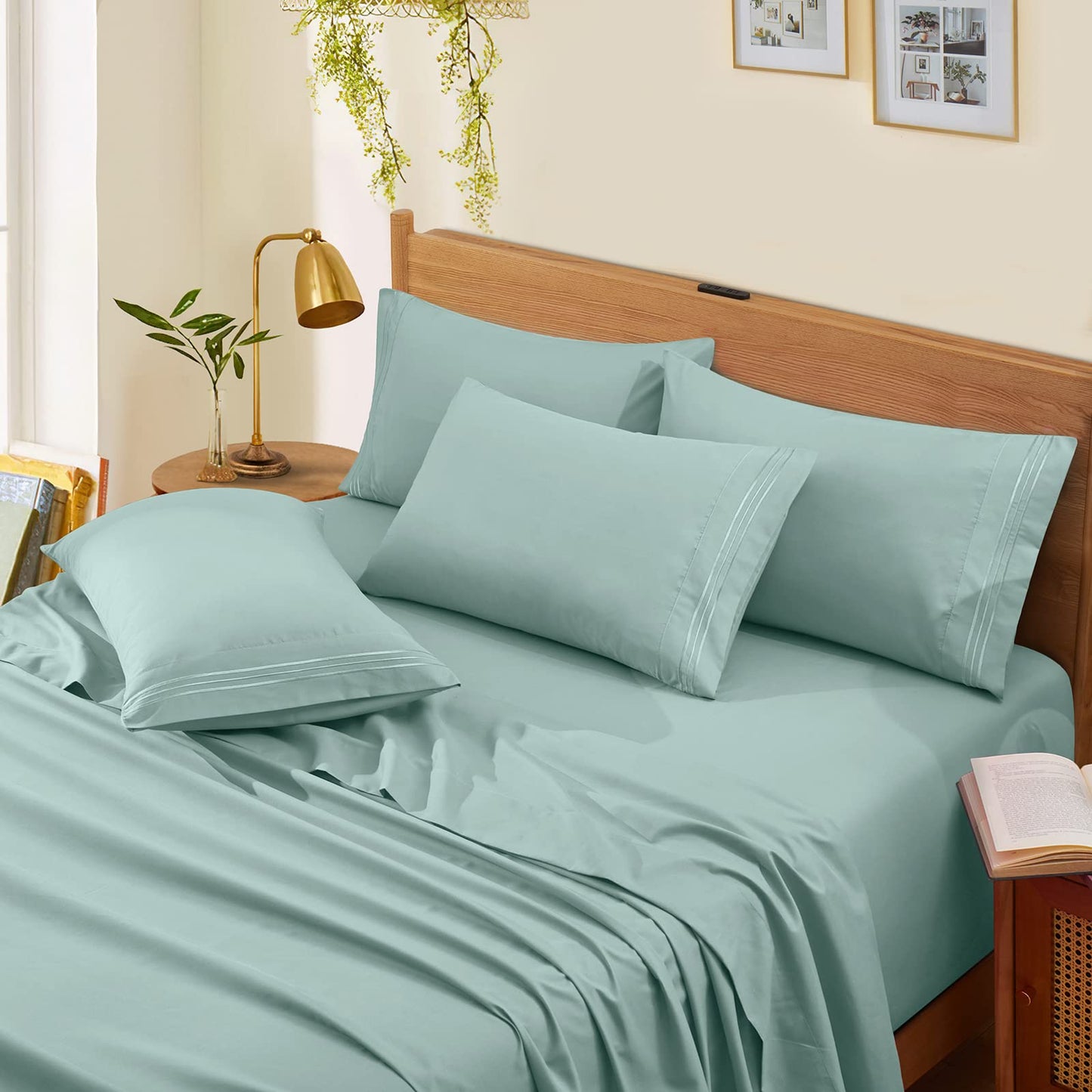 Horbaunal Extra Deep Pocket Queen Sheets - Fits Mattress 18-24 Inches Deep - 6 Pieces Hotel Luxury 1800 Thread Count Microfiber Sheet Set - Ultra Soft Mint Queen Size Bed Sheets