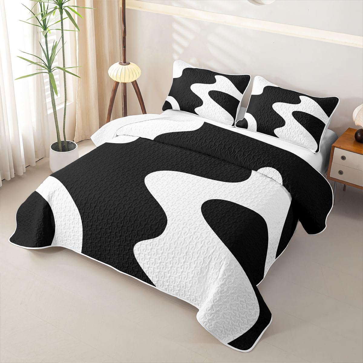 Erosebridal White and Black Abstract Quilt Twin Boho Geometric Striped Quilt Set Minimalist Modern Art Coverlet with 1 Pillowcase Simple Aesthetic Modern Quilted Bedspread