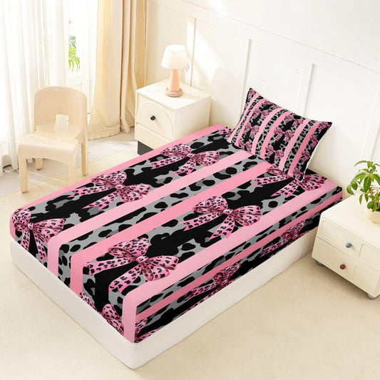 jejeloiu Black Leopard Bow Fitted Sheet Twin Size for Kids Boys Girls Striped Coquette Bow Bed Sheets Set 16" Deep Pocket Leopard Fur Print Bedding with 1 Pillowcase Room Decor