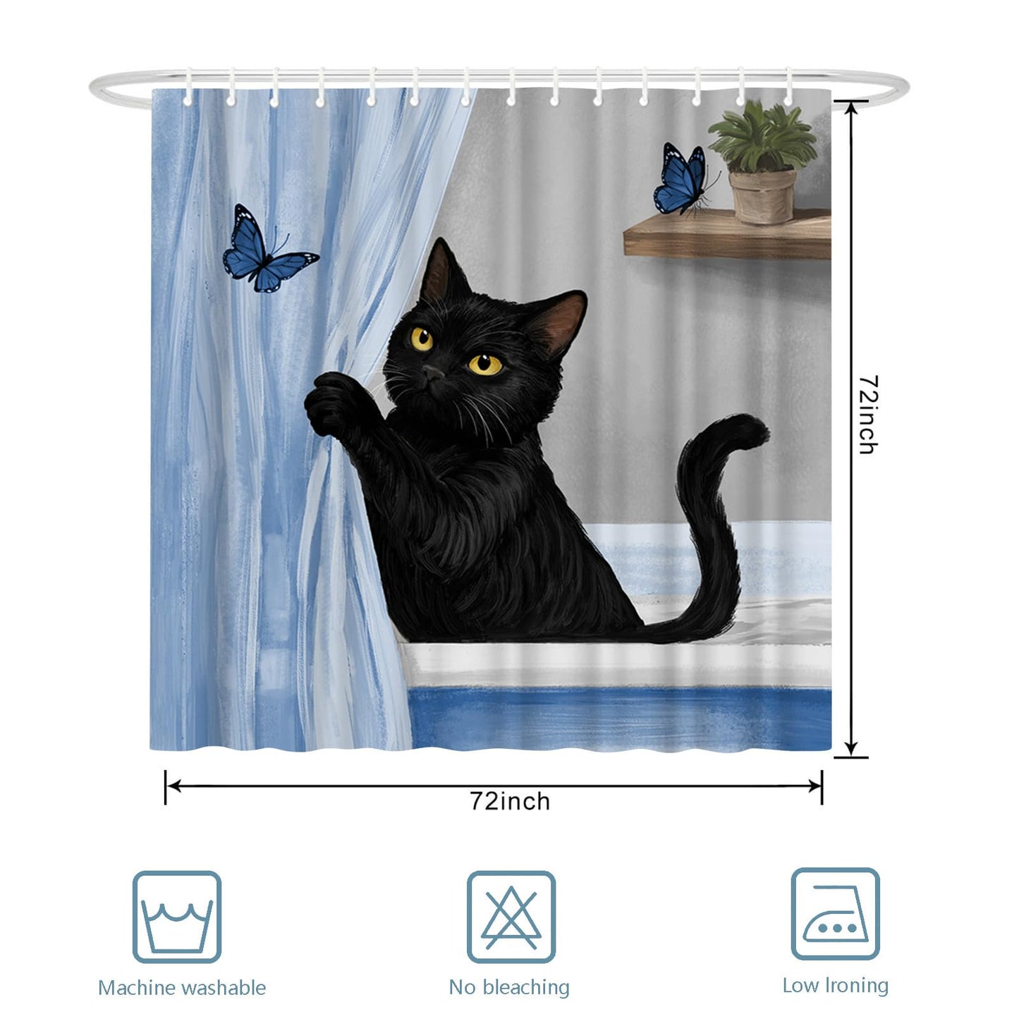 Conipit Cat Shower Curtain Cat with Butterflies Bathroom Curtain, Polyester, 72x72 Inches, Waterproof Bathroom Decor (Blue)