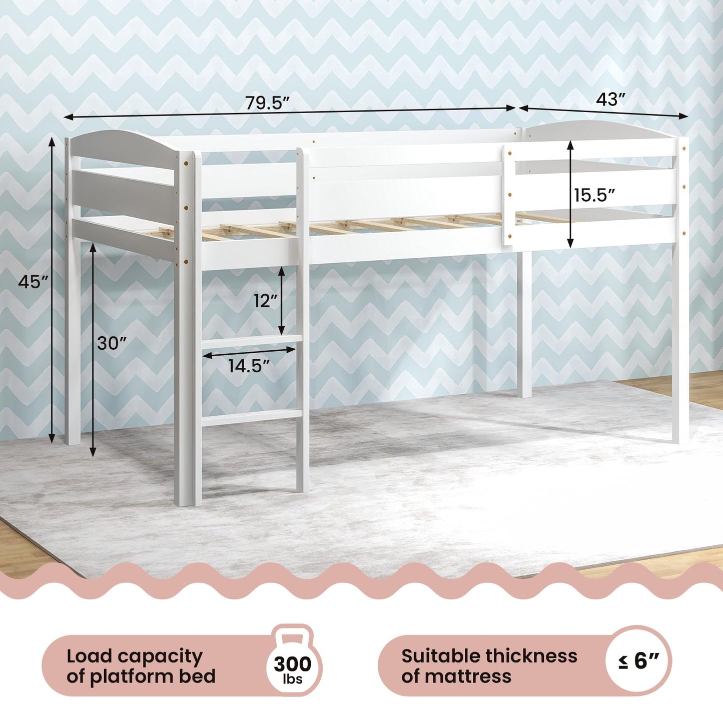 Giantex Twin Loft Bed with Ladder, Wood Low Profile Loft Bed with 30" Clearance & Safety Guard Rails, Space-Saving Loft Bed Frame for Kids Teens Junior, No Box Spring Needed, Kids Bed Frame, White