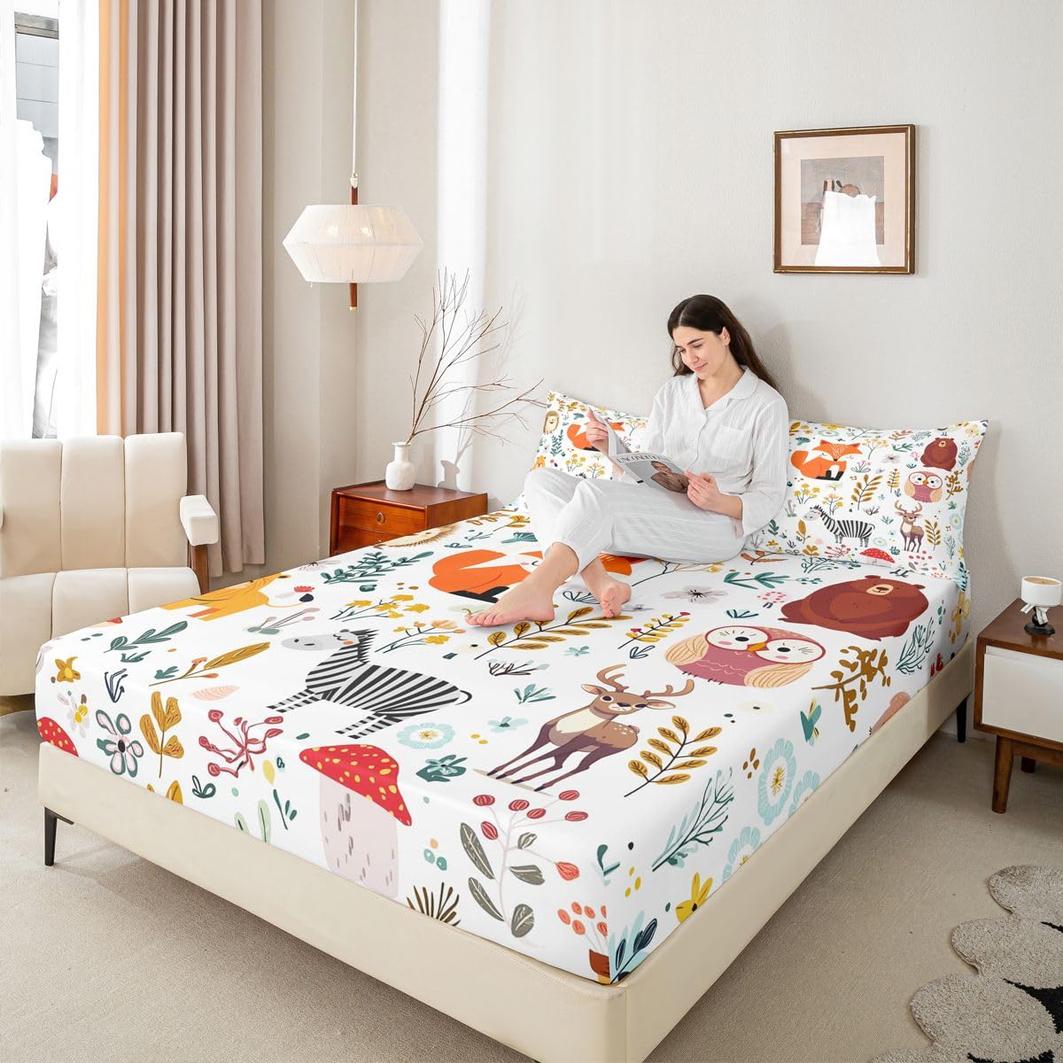 Erosebridal Kids Fox Bed Sheets Set King Size,Cartoon Bear Deer Bedding Set Cute Flower Animal Sheet Set for Boys Girls,Wild Flower Leaf Decor Fitted Sheet Flat Sheet 2 Pillow Cases