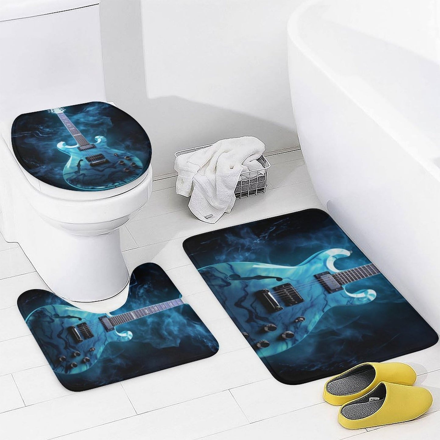 FOCCAFB 4 Piece Vintage Guitar Shower Curtain Set with Rugs, Vintage Musical Instrument Include Bathroom Non-Slip Floor Mat, U-Shaped Bath Rug and Toilet Cover Lid with 12 Hooks