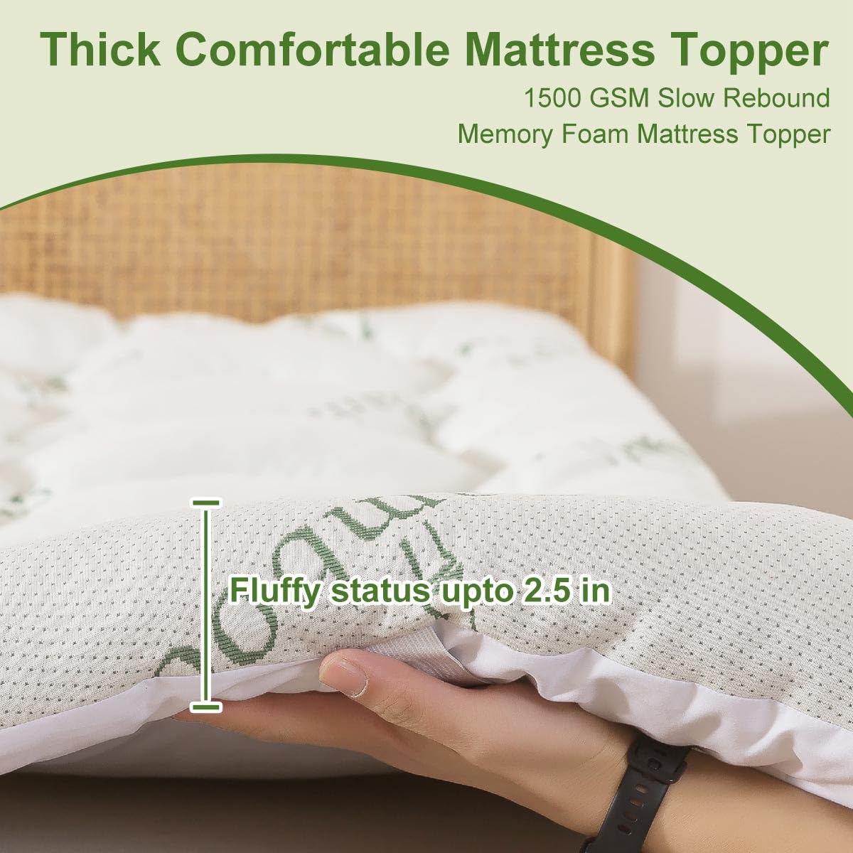 Whatsbedding Memory Foam Mattress Topper, 1500 GSM Thicker Slow Rebound Memory Foam Topper with Cooling Viscose Made from Bamboo Cover, 4 Blastic Bands