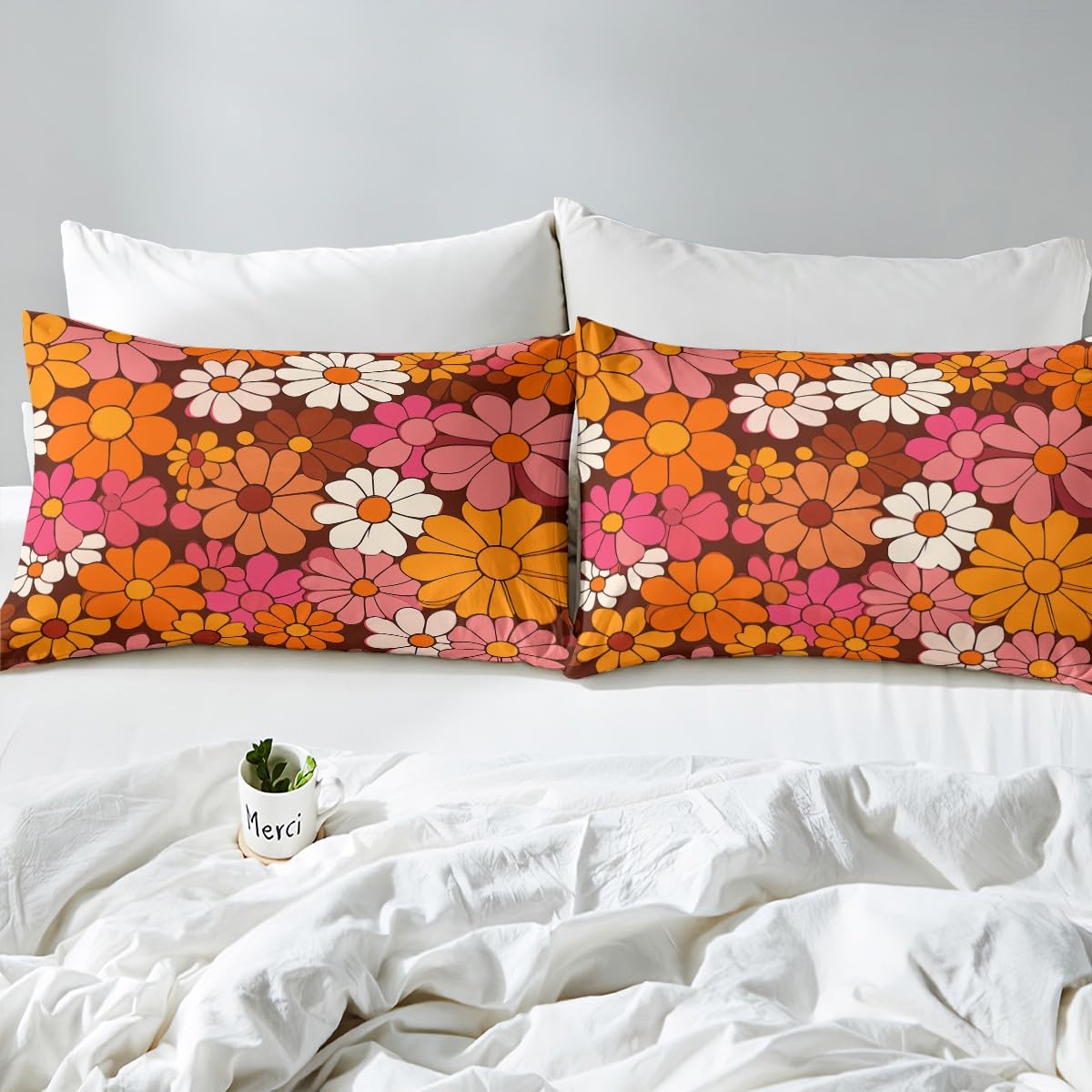 Erosebridal Groovy Floral Queen Sheet Set for Girls Retro Flower Sheets Chic Daisy Sheet & Pillowcase Sets Groovy Party Decorations Bed Sheets 70s Party Decorations Fitted Sheet 2 Pillowcase