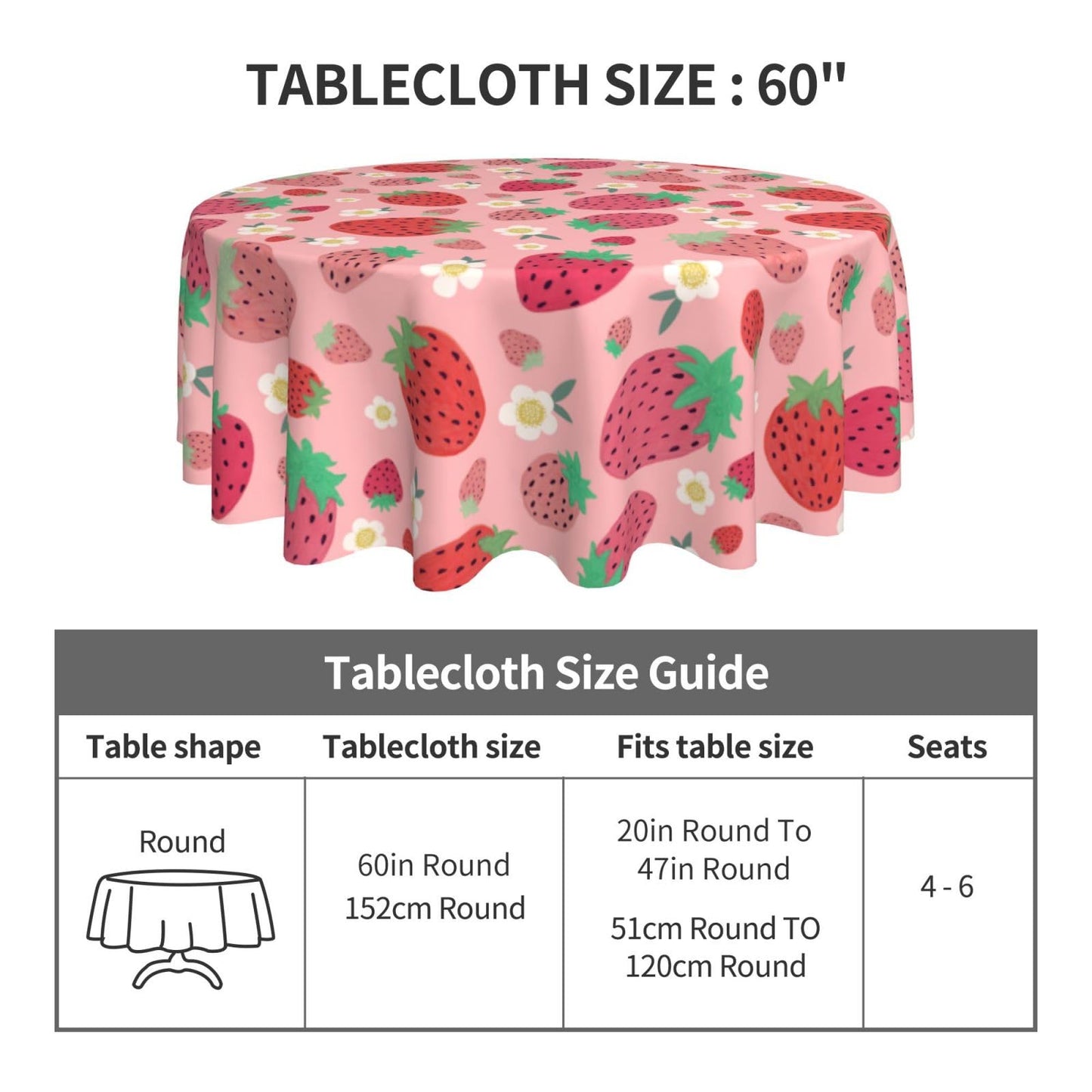 mutakin Strawberry Round Tablecloth 60 Inch Washable Reusable Decoration Table Cover for Kitchen Party