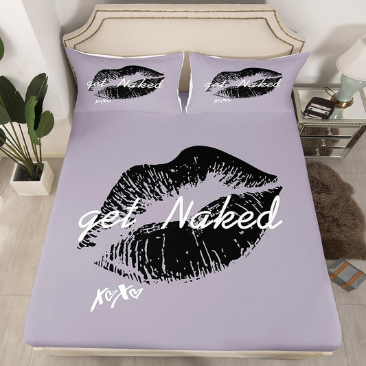 Get Naked Bedding Set Funny Quotes Kiss Fitted Sheet & Pillow Sham Set Sexy Feminine Lips Print Art Bed Sheet Set for Men Women Couple Lover Grey White Bed Cover No Flat Sheet Room Decor Full Size