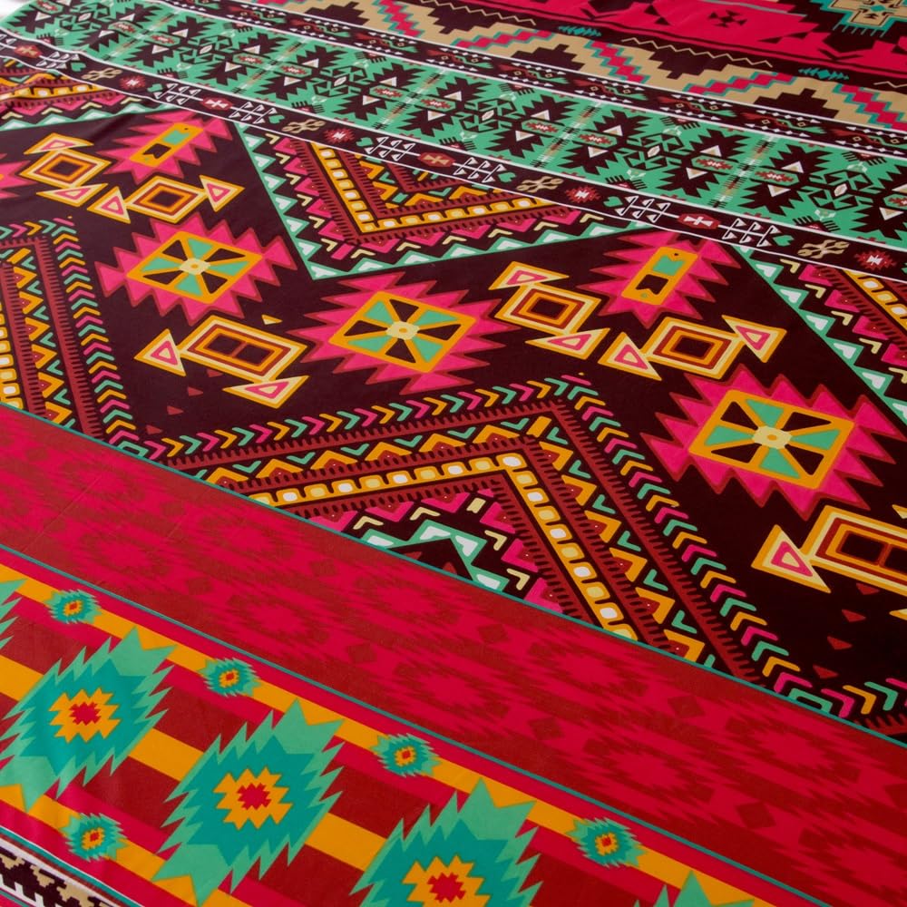 NATURETY Bohemian Style Bedding Fitted Sheet with Deep Pocket,Red Colorful Boho Pattern Printed Fabric Bed Sheets (Multicolor, Queen)