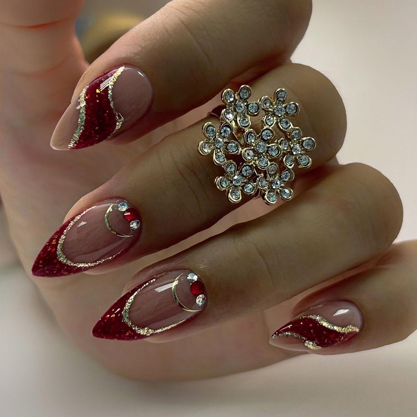 French Tip Press on Nails Short Almond Fake Nails Red Gold Foil Stripes Rhinestone Glitter Stick on Nails Reusable Full Cover with Jelly Glue False Nail for Women 24Pcs