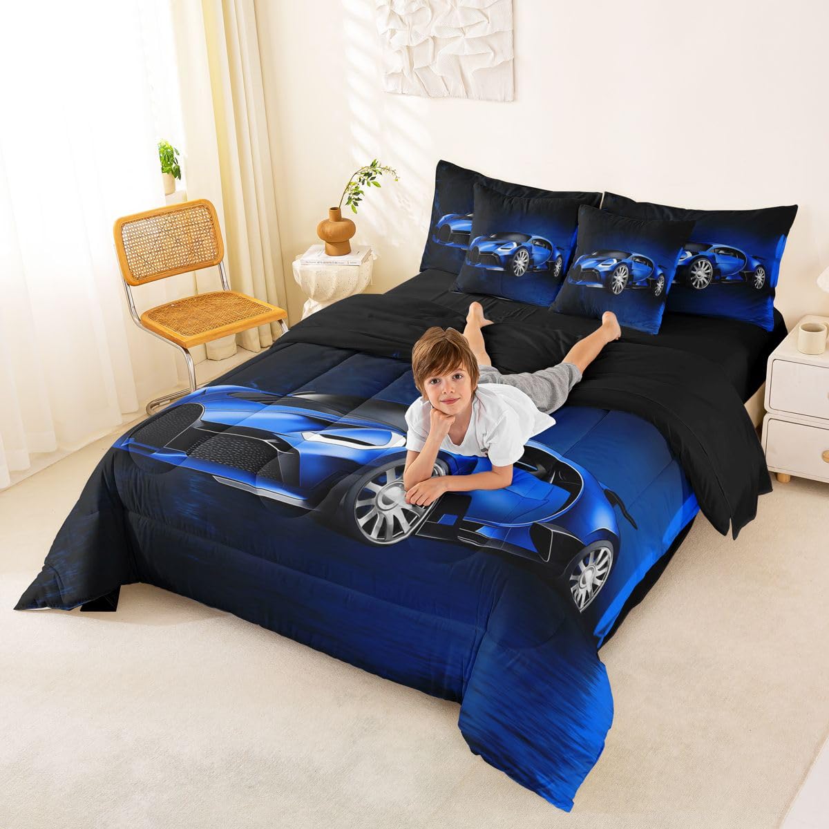 Feelyou Sports Car 7 Piece Bedding Set Blue Race Car Comforter Set with Sheets for Kids Boys Girls Extreme Sports Theme Bed in a Bag Cool Speed Luxury Car Decor Bed Set with 2 Pillowcases Queen