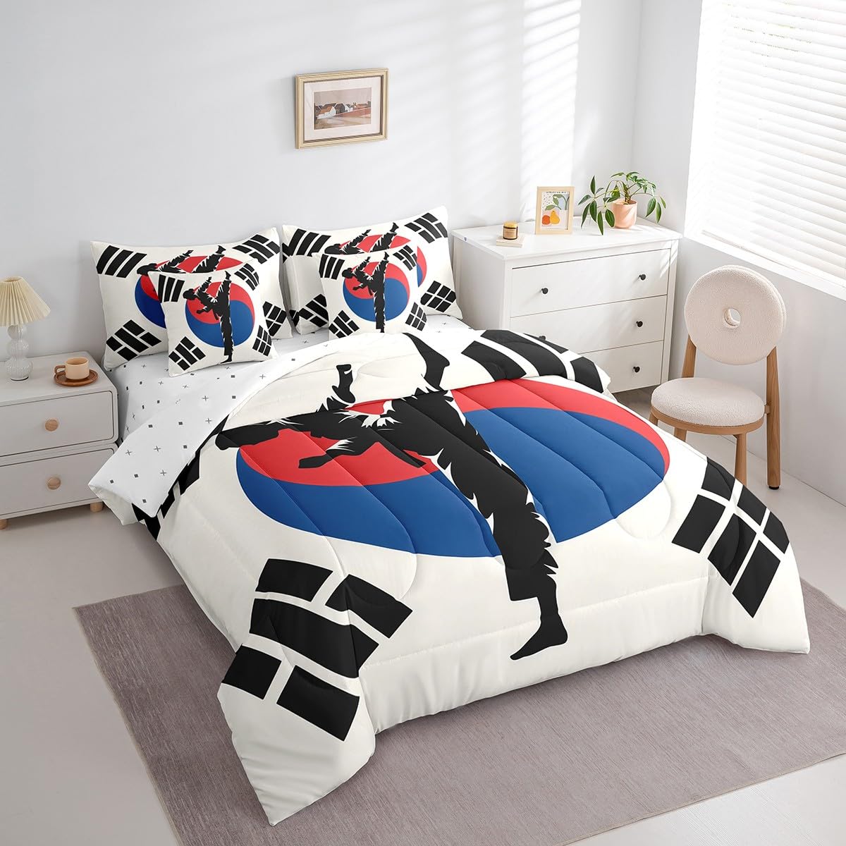 Feelyou Kids Taekwondo Comforter Set Full Size 7 Pieces Boys Girls Kungfu Karate Bedding Set Martial Art Korean Flag Style Bed in a Bag with Comforter, Sheets, Pillowcases & Cushion Cover