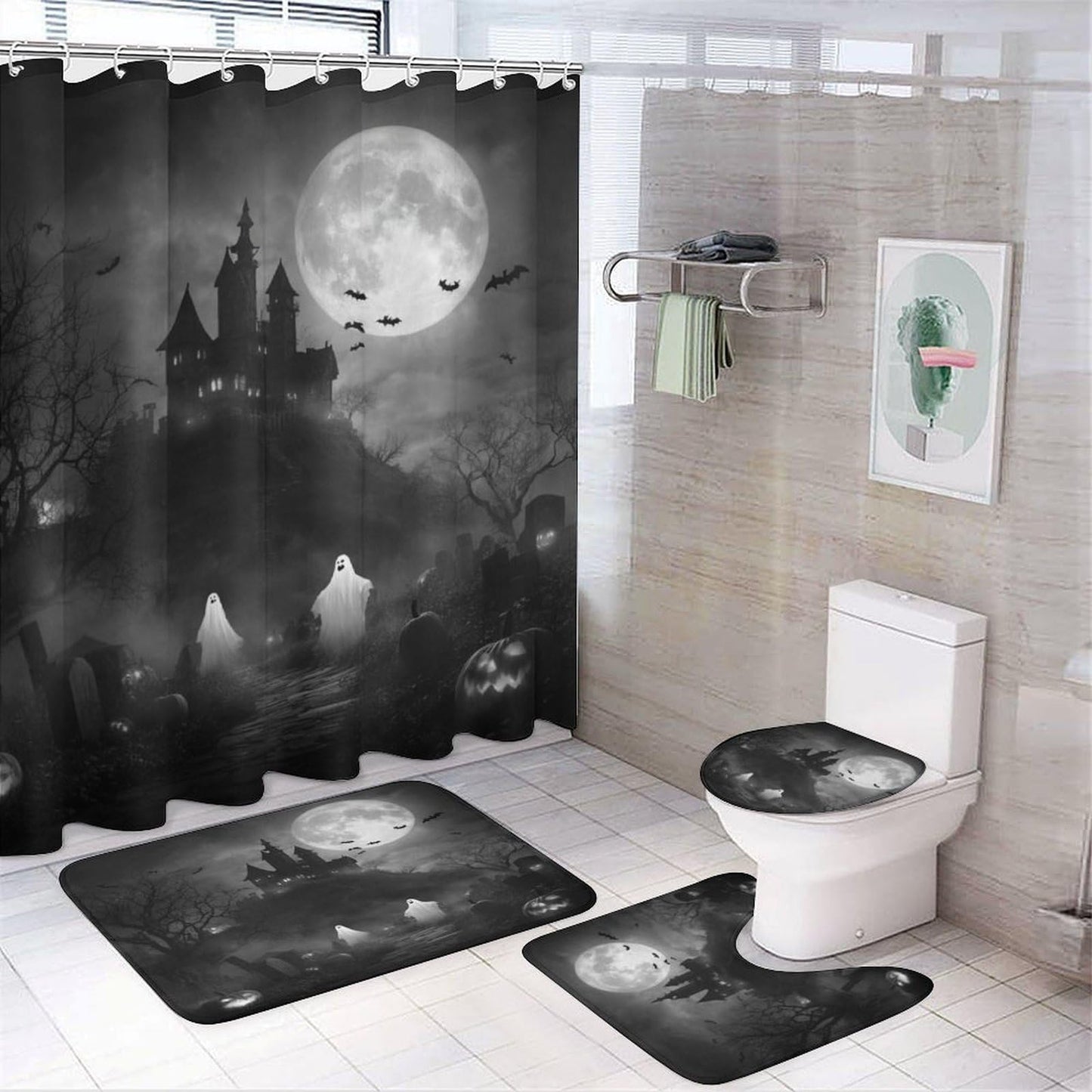 INSFBRB Abstract Horror Halloween Shower Curtain Sets with Rug,Toilet Lid Cover and Bath Mat,Rustic Retro Gothic Castle Halloween Pumpkin Bat Ghost Full Moon 4 Piece Bathroom Set