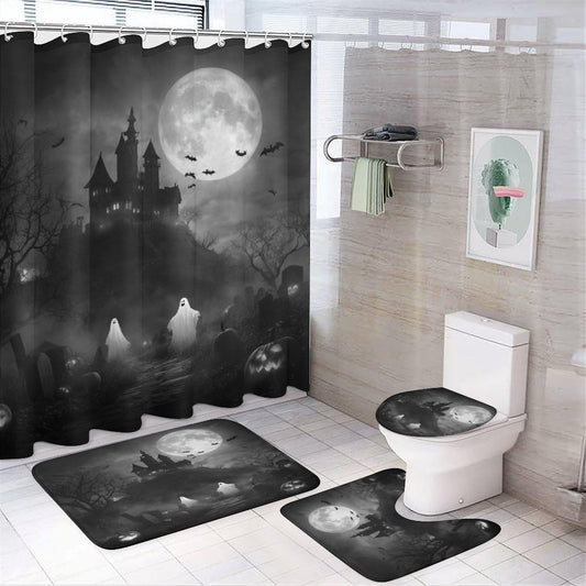 INSFBRB Abstract Horror Halloween Shower Curtain Sets with Rug,Toilet Lid Cover and Bath Mat,Rustic Retro Gothic Castle Halloween Pumpkin Bat Ghost Full Moon 4 Piece Bathroom Set