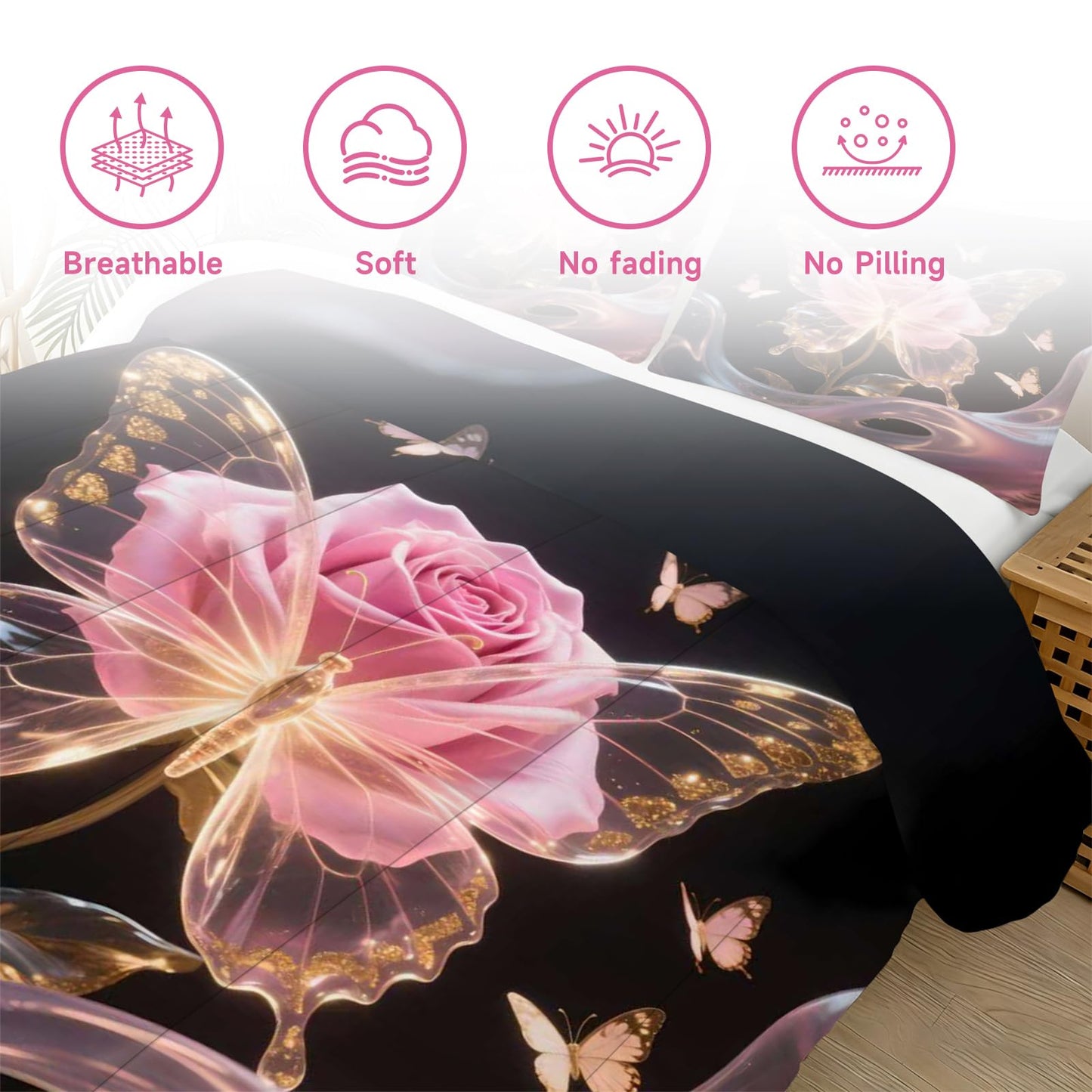 CERYUEE Butterfly Bedding Set Butterfly Twin Comforter Set for Girls Kids Woman 3D Pink Rose Flower Quilt for Bedroom Decor Black Cute Bedding 1 Comforter + 1 Pillow Case