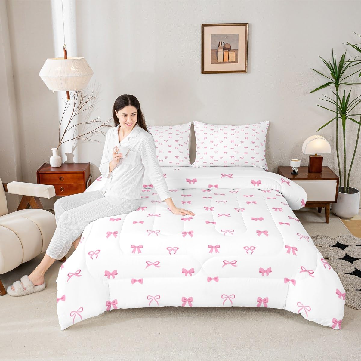 Erosebridal Bow Comforter Set Full Size, Girls Pink Bow Bedding for Kids Women Ultra Soft Cute Bowknot Comforter Kawaii Room Decor Duvet Set Coquette Princess Bowtie Quilt with 2 Pillow Cases