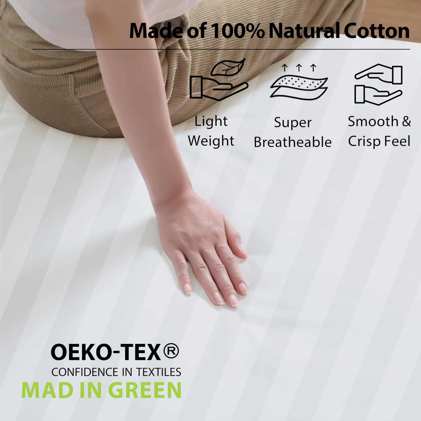 2 Pack Queen Fitted Sheets Only, 100% Egyptian Cotton, Super Soft 600 Thread Count Sateen, 16" Deep Pocket Bottom Sheets, Breathable Hotel Quality, Durable All-Around Elastic, Striped White
