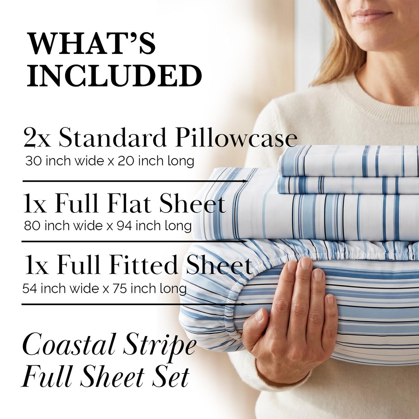 Southshore Fine Living, Inc. Coastal Sheets Set, 4 Piece Full Size Sheet Set Beach House Bedding, 15 Inch Deep Pocket Fitted Sheet, Ultra Soft Microfiber Blue and White Striped Sheets Full Size - Blue