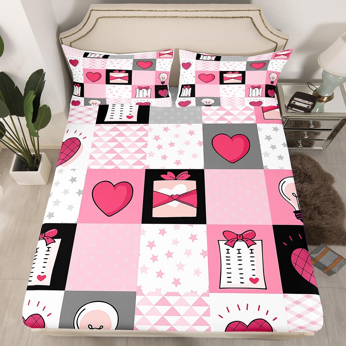 Feelyou Boys Girls Valentine's Day Bed Sheet Set Full Size, Glitter Pastel Fitted Sheet Kids Love Heart Bedding Set Romantic Teens Bed Cover Bedroom Decor with 2 Pillow Case (No Flat Sheet)