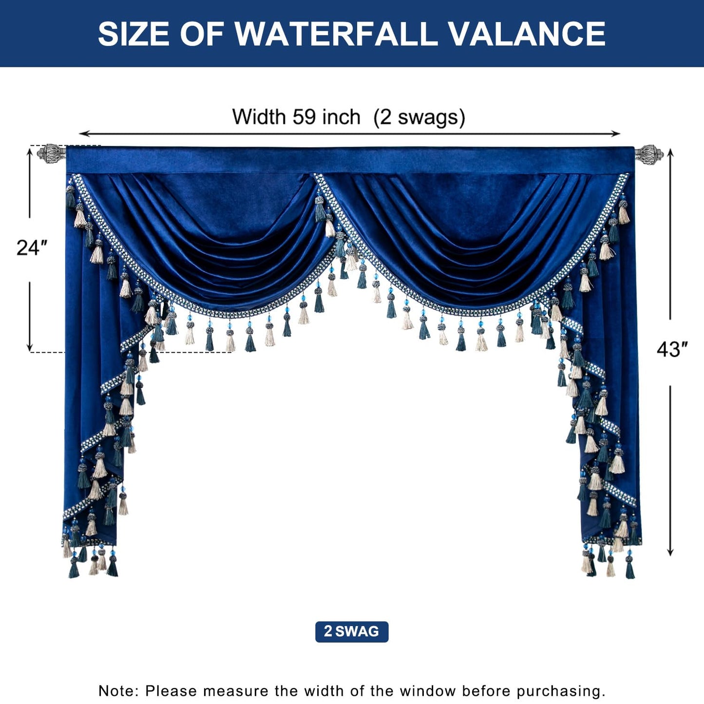 VOGOL Blue Velvet Waterfall Valance, Decorative Swag Curtains for Living Room & Guest Room Windows, 59 Inch Wide Rod Pocket, 1 Panel