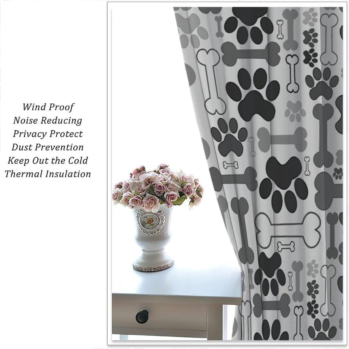 Yearn Jear Dog Paw Print Curtains, Grey Cartoon Dog Paw and Bones Window Treatment Thermal Insulated Curtain for Kids Living Room Bedroom 2 Panels Set, 42x45 inch Decor