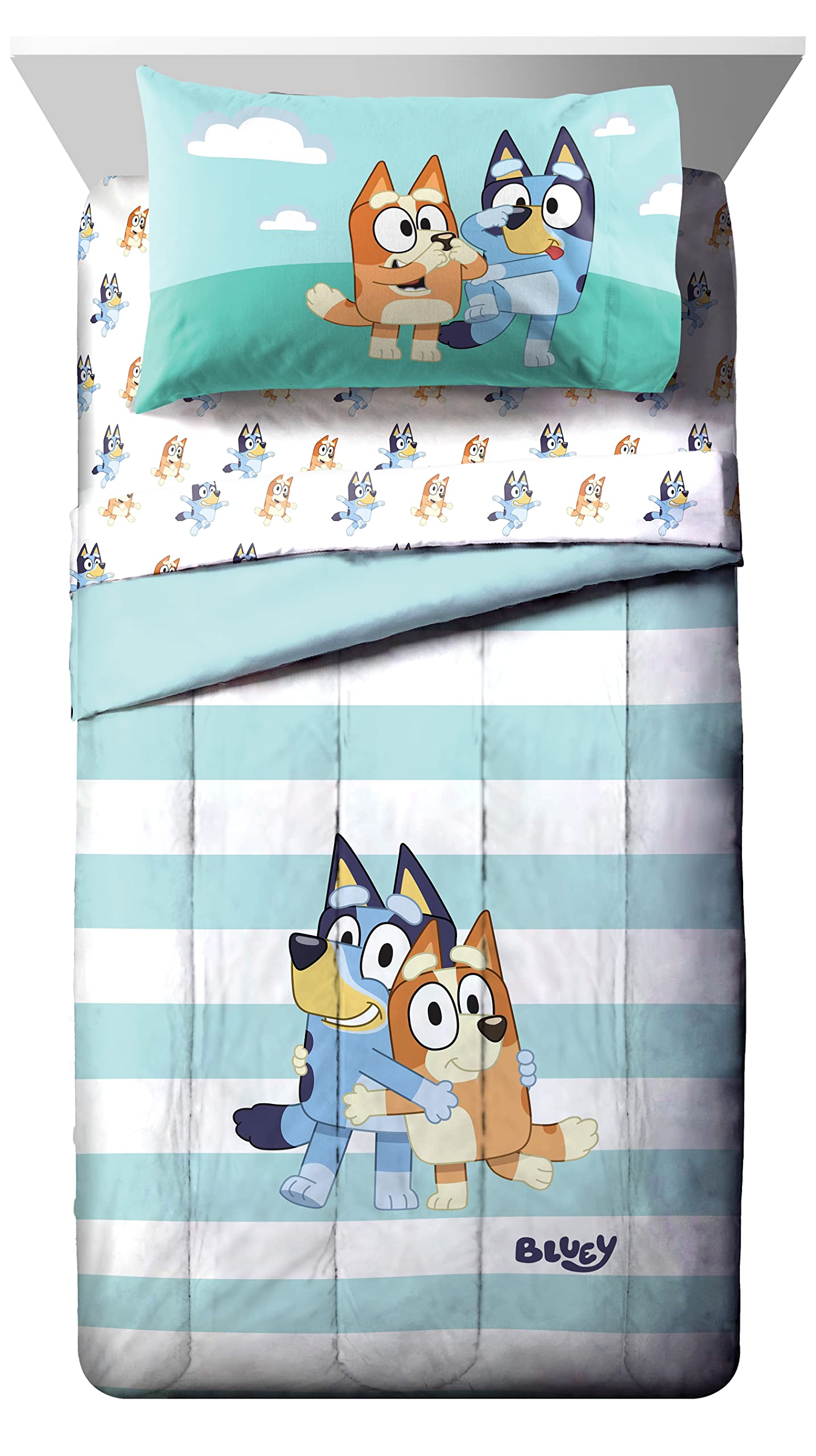 Jay Franco Bluey & Bingo 4 Piece Toddler Bedding Set – Includes Comforter, Sheets & Pillowcase, Super Soft Fade Resistant Microfiber, Official Licensed Toddler Bed Set for Boys and Girls, Blue