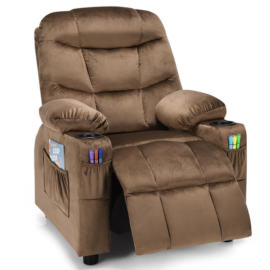 CHEFJOY Kids Recliner, Kids Recliner Chair w/ 2 Cup Holders, Velvet Fabric Chairs Comfy w/Adjustable Backrest & 3 Pockets, Toddler Furniture Sofa for Boys Girls Aged 3+