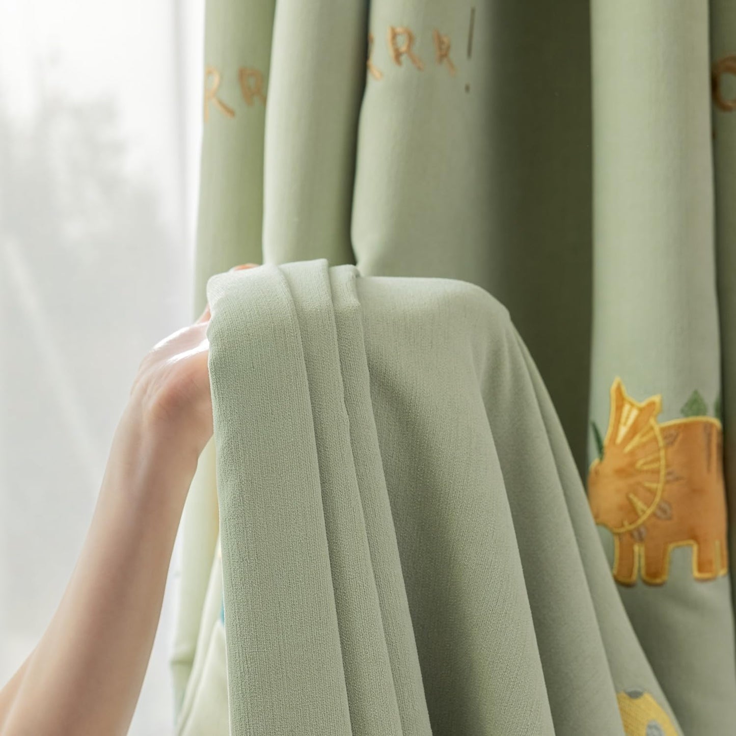 KMSG Cartoon Dinosaur Kids Curtains with Blackout Liner Embroidery Nursery Curtains for Children Boys Baby Bedroom Living Room Grommet Top Room Darkening Window Drapes 1 Panel (Green,W52 x L84 Inch)