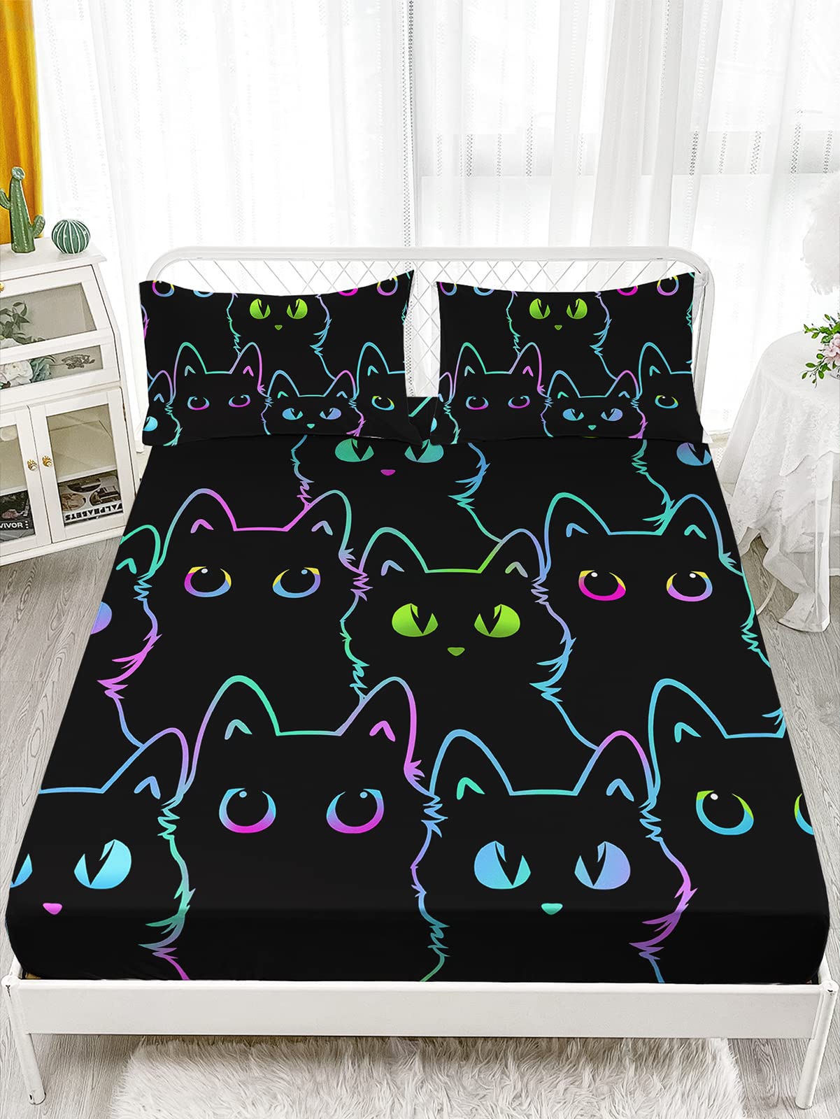 Axolotl Kids Bedding Cute Cat Sheet Set Twin Size, Gradient Line, 4Pcs Kawaii Cat Bed Sets with 1 Fitted Sheet 1 Flat Sheet 2 Pillowcases for Kids Boys Girls Adults Teens, Black