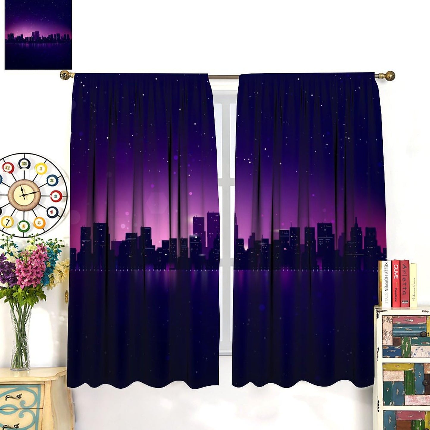 DDCBNS City Skyline Blackout Curtains,Midnight Cityscape Purple Urban Starry Sky Printed Curtains for Bedroom Living Room,Window Drapes 2 Panel Set for Kitchen Décor,Total Size 42" x 45"
