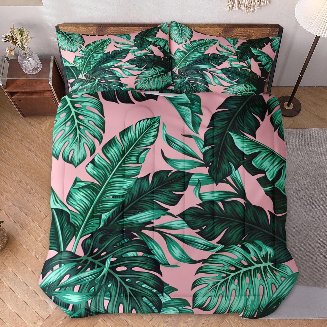 WeCozy Queen Size Comforter Set with 2 Pillowcases, Tropical Green Leaves Pink Leaf Soft 3 Pcs Bedding for Kids and Adults Bedroom Bed Decor