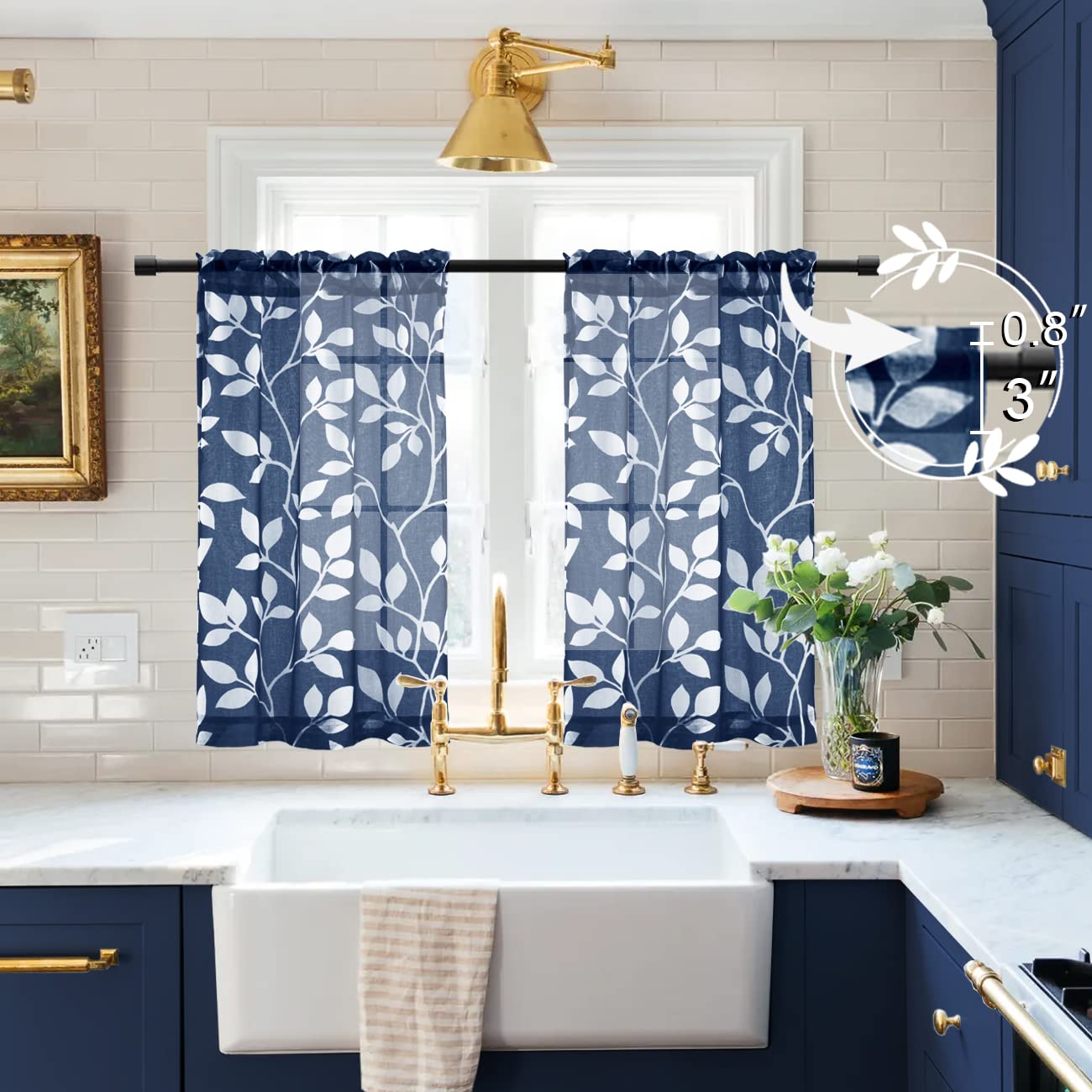 XTMYI Bathroom Curtains Window Short,Small Window Curtains Treatments for Kitchen,36 Inch Length,Navy Blue and White