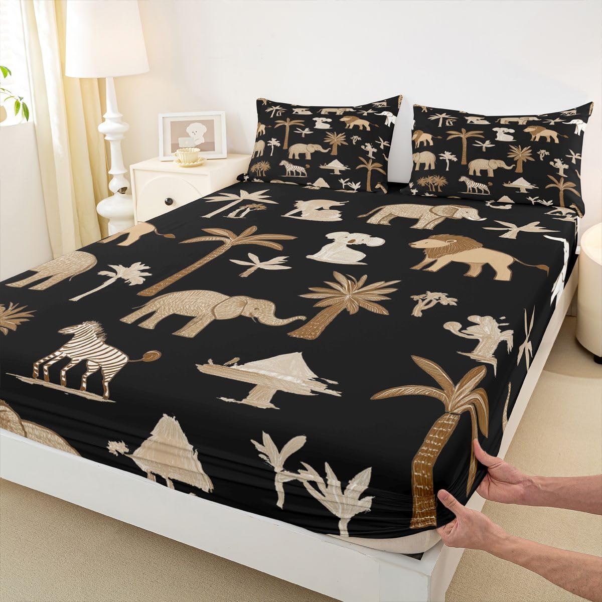 Erosebridal Jungle Animals Bed Sheets Full Cartoon Kawaii Sheet Set for Kids Boys Girls Elephant Lion Giraffe Animal Sheets Wildlife Flat Fitted Sheet 3 Pcs
