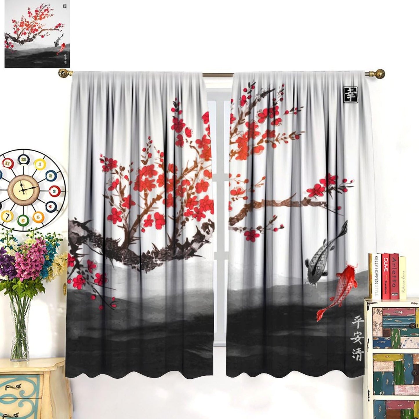Japanese Curtains,Cherry Blossom Red Floral Ink Painting Window Treatment Curtains Cloth Farbic for Dining Room Cafe Living Room Bedroom Kitchen Office Drapes Decor,42x45 in