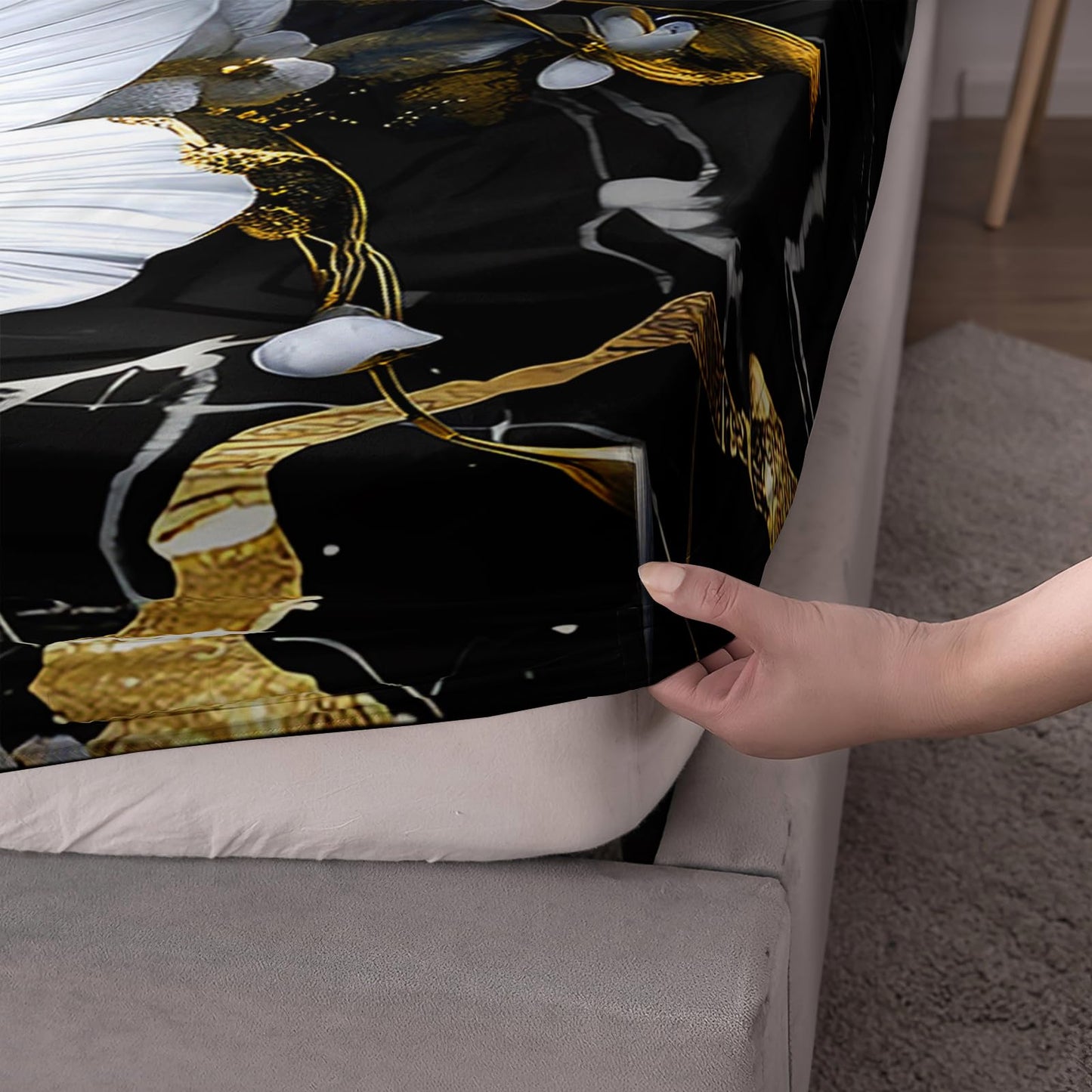 AILONEN Black and White Floral Fitted Sheet Set Queen Size, 3D White Flower Bedding Set for Kids Teends Adults,Marble Style Bed Sheet Set,1 Fitted Sheet and 2 Pillowcases,3Pcs