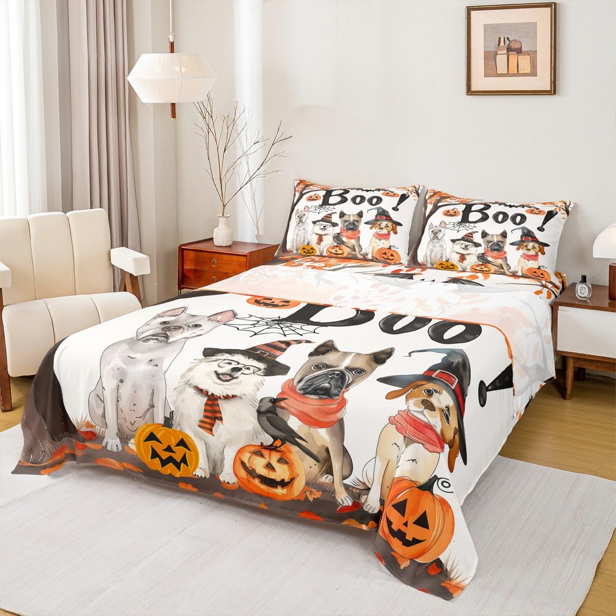 Feelyou Halloween Bed Sheets Sets Full Size Kids Boys Girls Pumpkin Bedding Set Maple Fall Leaves Bed Sheet Set with 16-Inch Deep Pockets Spider Web 4Pcs with 2 Pillow Cases