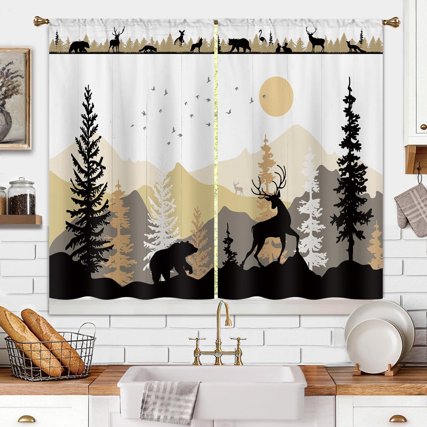 Cizuug Farmhouse Forest Cabin Kitchen Curtains Rustic Wooden Small Short Cafe Window Curtains Tree Country Deer Bear Rod Pocket Bathroom Window Drapes Treatment Tier Curtains 2 Panels (27.5x39 Inch)
