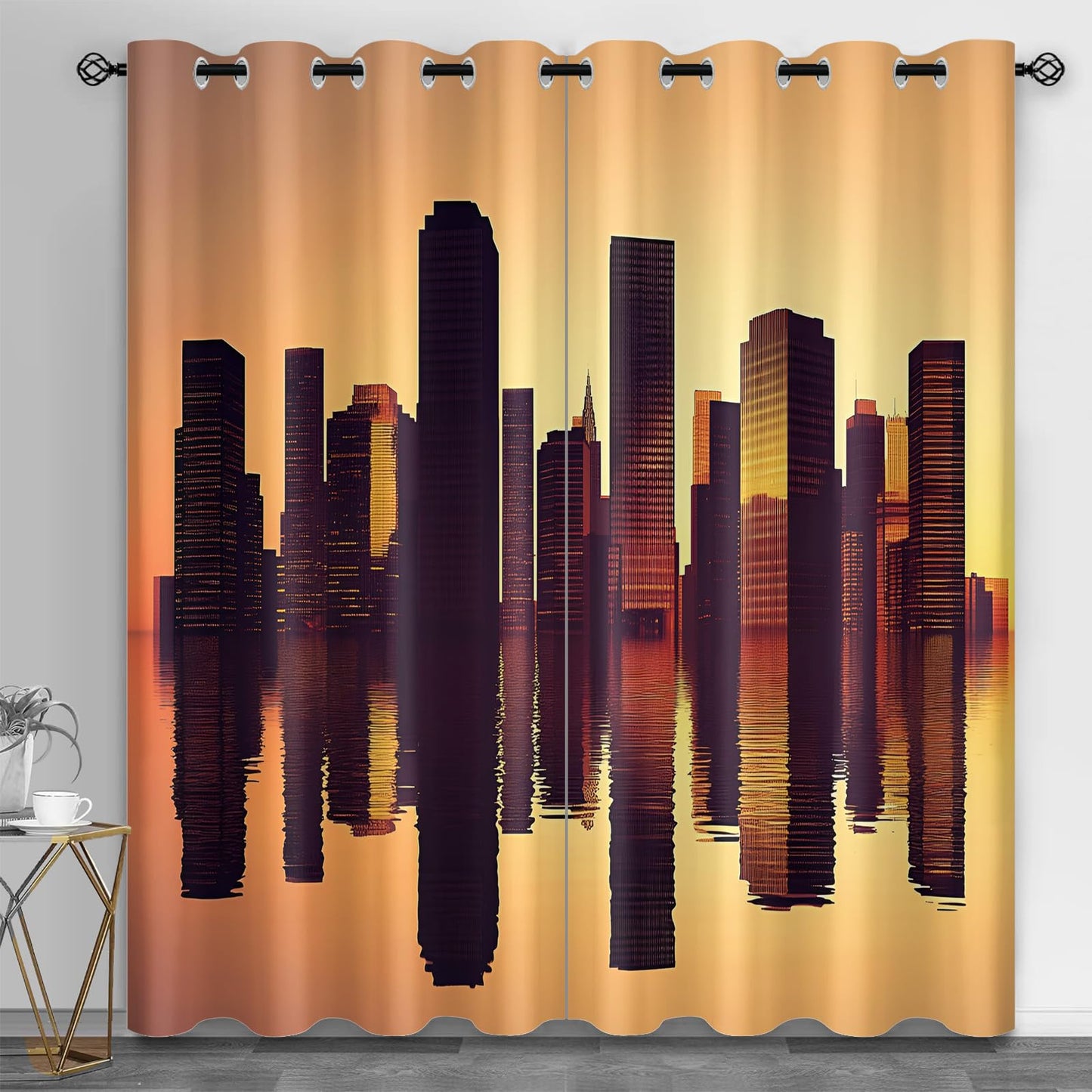 XAFIAUR City Skyscrapers Blackout Curtains, Skyline Curtains for Living Room, Sunset Reflections Black Out Bedroom Curtain Thermal Insulated Grommet Drapes 2 Panels, for Boys Room 31.5" W x 45" L x2