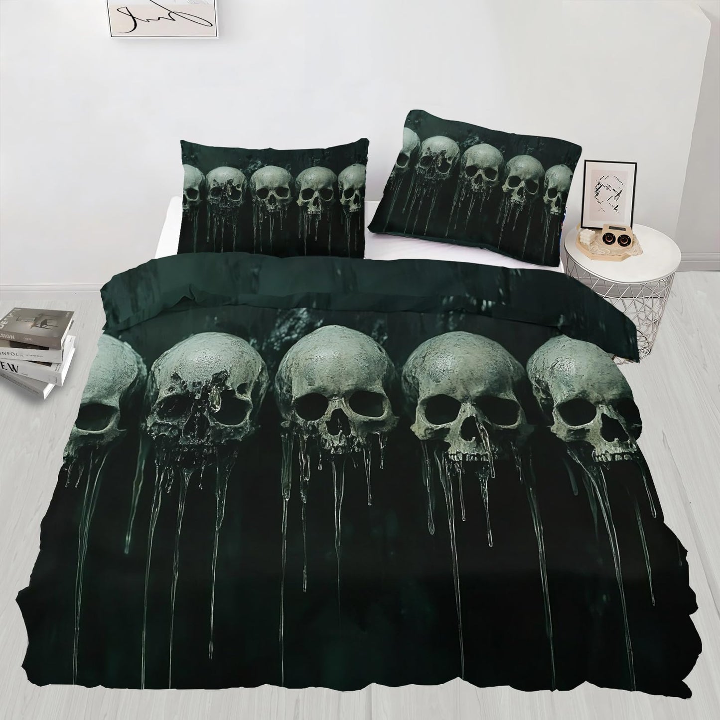 PAISUOQ Gothic Bedding, Gothic Skull Comforters Queen Size, Dark Black Skull Duvet Cover with 2 Pillowcases, 3 Pieces with Zipper & Ties, Home Decor & Gifts