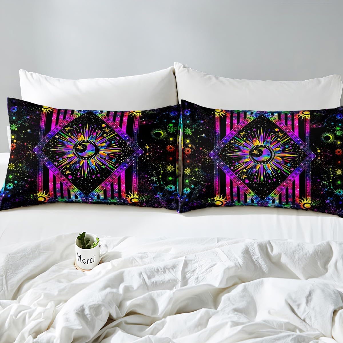 Sun and Moon Sheet Set, Rainbow Tie Dye Bed Sheets Psychedelic Hippie Trippy Galaxy Bedding Aesthetic Celestial Astrology Flat Sheet Cosmic Constellation Zodiac Fitted Sheet, Black Bedroom Decor 4Pcs