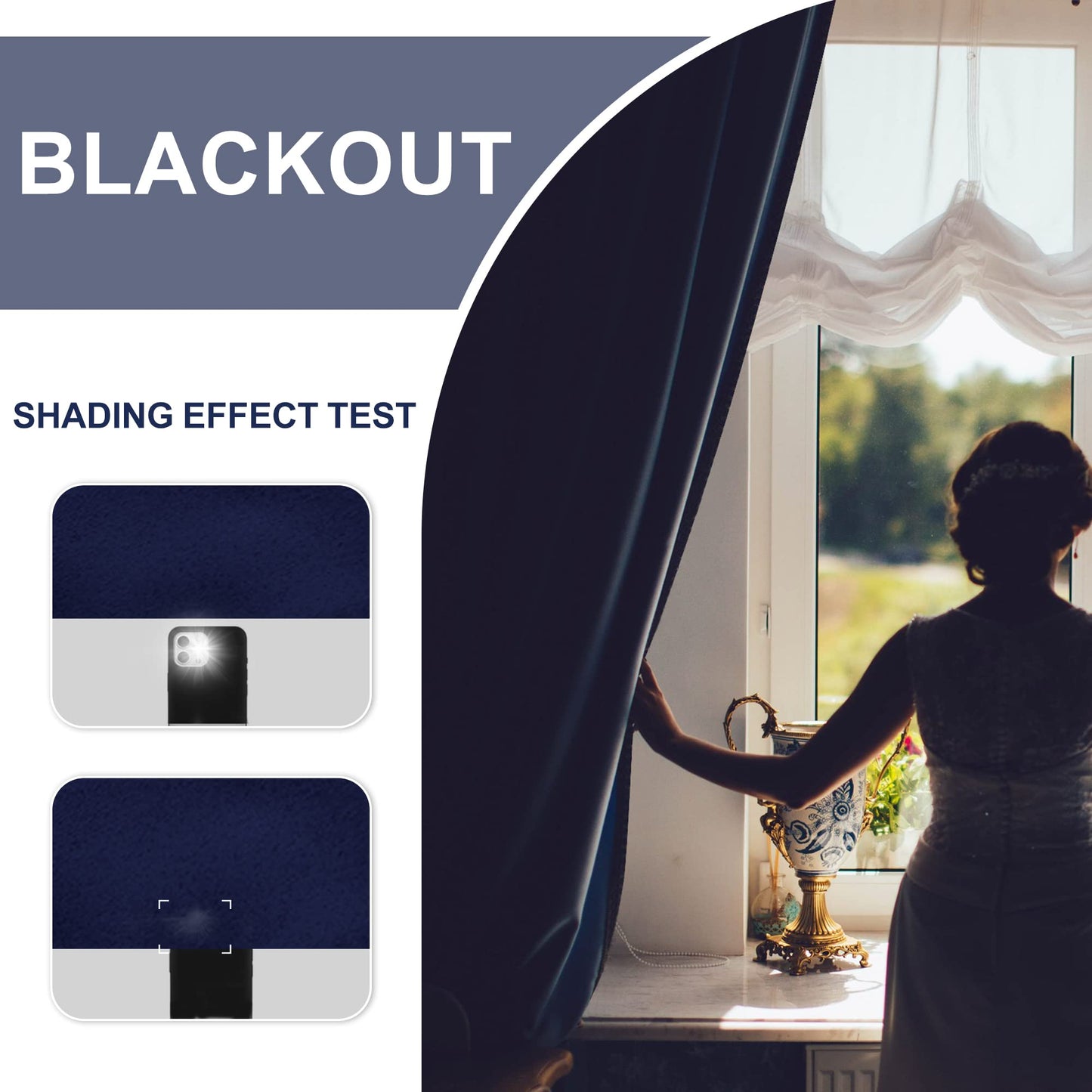 JIUZHEN Blackout Curtains for Bedroom– Thermal Insulated,Noise Reducing Room Darkening Drapes for Living Room, Rod Pocket Curtains with Tiebacks, Set of 2 Panels, 42 x 63 Inch Length, Navy Blue